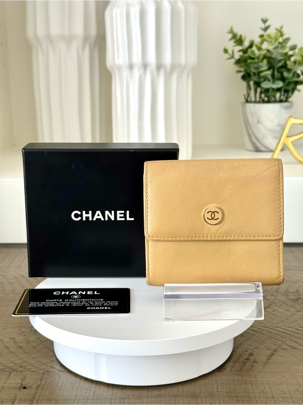 Chanel Beige Caviar Leather Double Flap Compact Wallet Gold CC Logo